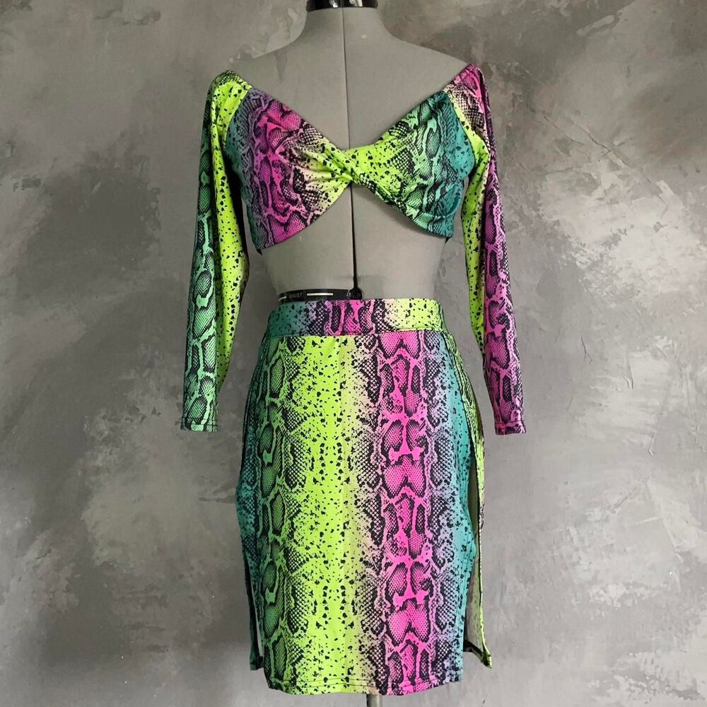 SHEIN Curve Neon Snake Print Crop Top Midi Skirt Set XL